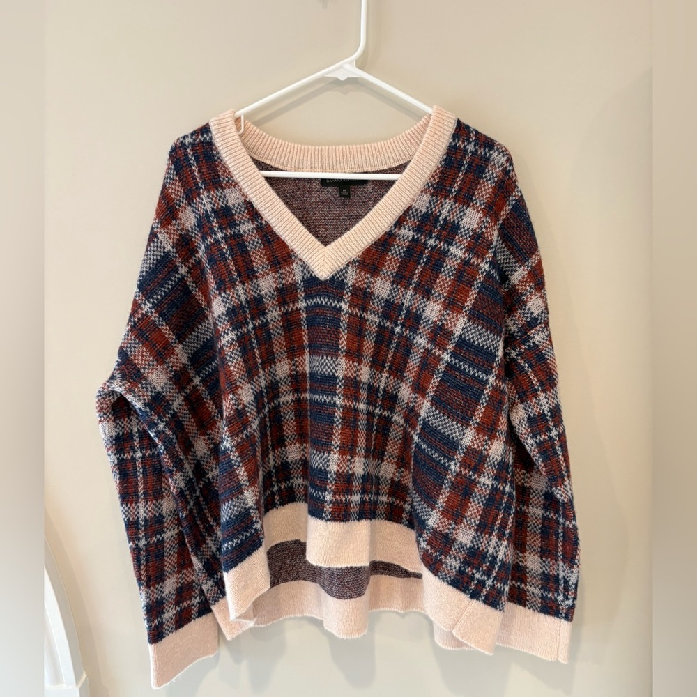 Banana Republic Plaid V-Neck Sweater in Red, Blue, and Cream
